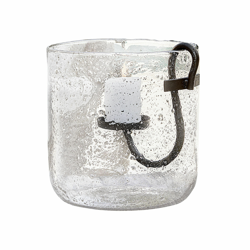 Glas-Teelichthalter mit Blasenstruktur und schwarzem Metallkerzenhalter